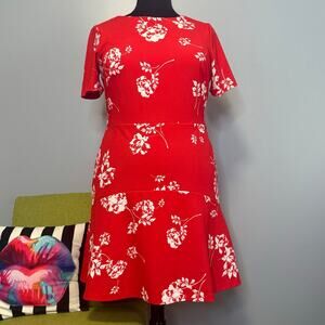 Ralph Lauren Red White Floral Short Sleeve A-Line Dress 16 Work Cocktail